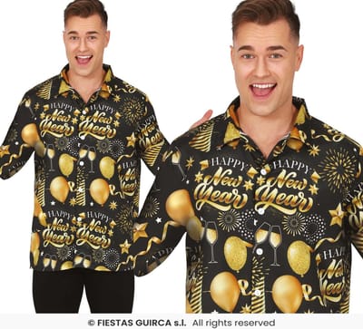 Fiestas Guirca - Happy New Year shirt heren - maat L - zwart/ goud