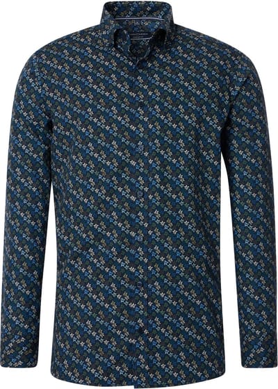 CASA MODA Sport casual fit overhemd - popeline - blauw met groen dessin - Strijkvriendelijk - Boordmaat: 41 - 42