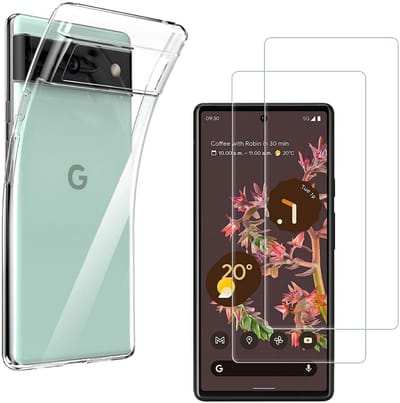 Hoesje Ultraslank geschikt voor Google Pixel 6 backcover siliconen Transparant en 2 stuks ScreenProtector Gehard Glas