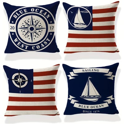 Set van 4 Nautisch Blauwe Kust Marine Polyester Sierkussenhoezen 17,7 x 17,7 Inch - Anker en Streep Ontwerp, Gestructureerd Kussen Linen 30*30(CM)-4Pcs