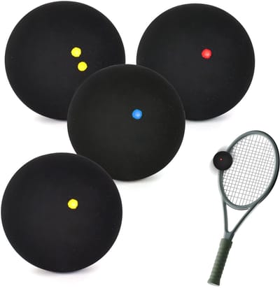 Dailygoods- Squashballen Set van 4 - Hoge Stuiter - Dubbele Gele Stip - Enkele Rode/Blauwe Stip - Rubber - 38 mm Formaat - Squashball