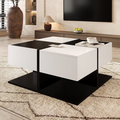 Wishdor vierkante salontafel 70×70×35,5 cm zwart-wit blokdesign | 2 lades, spaanplaat, stille ladegeleiders, robuust