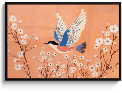 Poster in lijst - Fotolijst 120x80 cm - Posters - Vogel - Bloesemtakken - Warm - Kleurrijk - Posterlijst zwart - Decoratie - Wanddecoratie woonkamer - Muurdecoratie slaapkamer