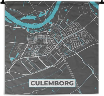 Wandkleed - Wanddoek - Plattegrond - Culemborg - Grijs - Blauw - 180x180 cm - Wandtapijt - Stadskaart