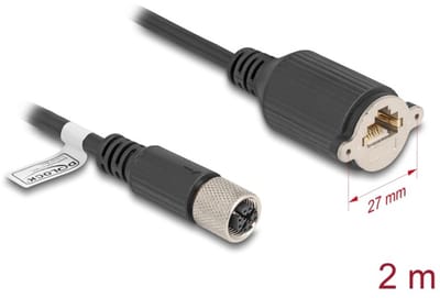 Delock M12 Cable X-coded 8 pin female to RJ45 jack for installation Cat.6A S/FTP 2 m black