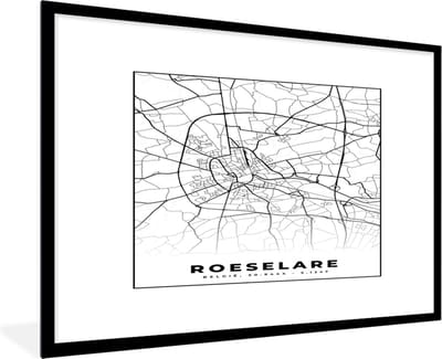 Fotolijst incl. Poster Zwart Wit- Zwart Wit – België – Plattegrond – Stadskaart – Kaart – Roeselare - 120x80 cm - Posterlijst