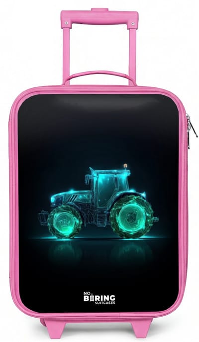 NoBoringSuitcases.com® - Kinderkoffer roze - Kindertrolley meisje - Neontractor op zwarte ondergrond - Koffer kind lichtgewicht - Reiskoffer trolley voor kinderen - Koffertje met lichtgevende wieltjes - Rolkoffer