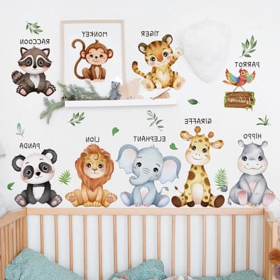 Muurstickers voor Kinderen met Leeuw, Tijger, Aap, Olifant en Panda voor Slaapkamer en Speelkamer - Creatieve DIY Wanddecoratie voor Baby en Kinderen