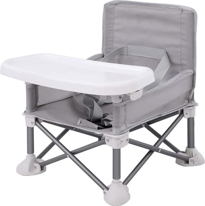 Opvouwbare Stoelverhoger Baby Grijs – Inklapbaar Kinderzitje voor Eetkamerstoel & Onderweg – Travel Booster Seat met Afneembaar Dienblad & Draagtas – 6 Maanden tot 3 Jaar