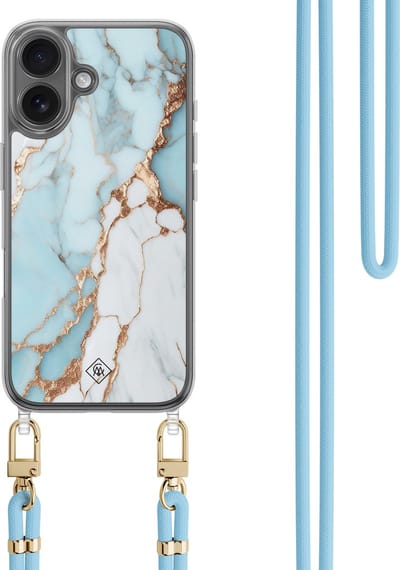Casimoda® hoesje met koord - Geschikt voor iPhone 16 - Marmer Lichtblauw - Afneembaar koord - TPU/polycarbonaat - Blauw