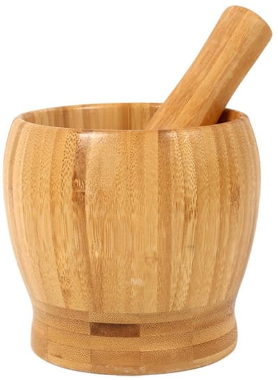 Decopatent - Bamboe Vijzel met Stamper Ø10 cm - Duurzame Houten Vijzel Set - Kruiden & Specerijen Malen - Keuken Accessoire Bamboo