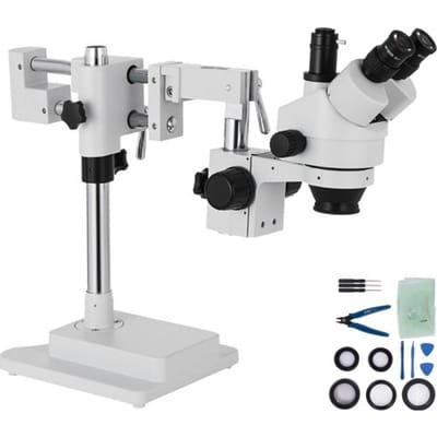 VEVOR 3.5X-90X Simul Focal Trinocular Zoom Stereo Microscoop Al-Zn Legering 360 Graden Draaibare Trinocular Stereo Microscoop Dubbele Arm Stand Laboratorium Video Microscoop Twee Hoogte Verstelbare Stand Accessoires