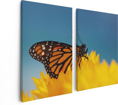 Artaza Canvas Schilderij Tweeluik Oranje Vlinder Bij Een Zonnebloem - 80x60 - Foto Op Canvas - Canvas Print