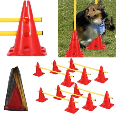 Steekhordenset Hond - Behendigheidshorden Kegels - Coördinatietraining Honden - Meerdere Hoogtes Instelbaar - 12 Kegels 6 Stangen - Oranje
