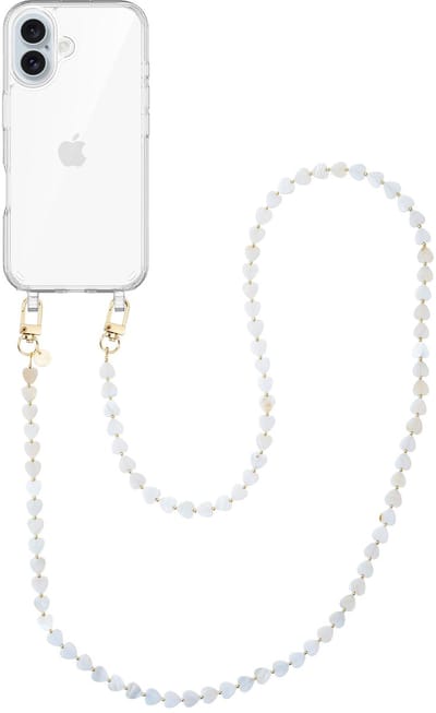 xoxo Wildhearts siliconen hoesje - Geschikt voor iPhone 16 Plus hoesje - Shell Hearts (long) - Telefoonhoesje - Hoesje met koord - gekleurde hartjes - Lang koord - Transparant hoesje met telefoonkoord - Beige / Crème