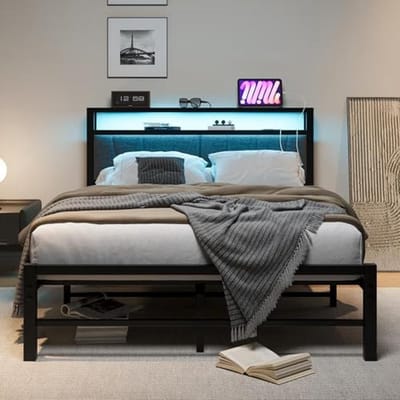 Gestoffeerd bed, 140 x 200 cm, met ledverlichting, bedframe van metaal, bedframe met hoofdeinde en laadstation, eenvoudige montage, tweepersoonsbed, tienerbed, zwart