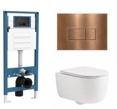 QeramiQ Dely Swirl Toiletset - inbouwreservoir Qeramiq Flush - slim zitting - metaal koperen bedieningsplaat - rechthoekige knoppen - mat wit