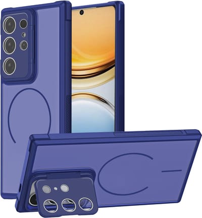 Hoesje Geschikt voor Samsung Galaxy S26 Ultra - Donker Blauw - Casemania Magnetische Matte Armor Back Cover met Camera Shield Kickstand - Telefoonhoesje Geschikt voor MagSafe met Camera Bescherming