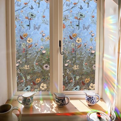 Dailygoods- Raamfolie 3D decoratief - Glas-in-loodfolie - Privacyfolie - Bloemen - Antislip - 98% privacybescherming - 40 x 101,6 cm - Raamdecoratie
