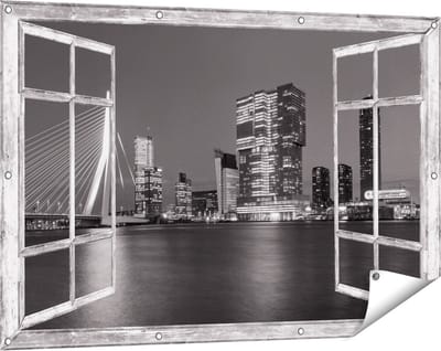 Gards Tuinposter Doorkijk Rotterdamse Skyline - Zwart Wit - 120x80 cm - Tuindoek - Tuindecoratie - Wanddecoratie buiten - Tuinschilderij