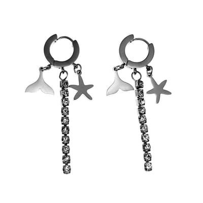 Oorbellen Dames - Gepolijst RVS - Oorringen met Drie Hanger - Zeester - Zirkonia - Zeemeerminvin