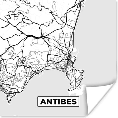 Poster Stadskaart - Plattegrond - Antibes - Kaart - Frankrijk - Zwart wit - 100x100 cm XXL