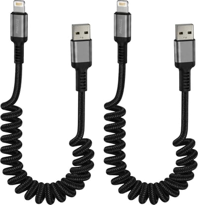 2x USB kabel geschikt voor iPhone 14 en ouder - USB-A naar Lightning kabel - Oplaadkabel & Datakabel geschikt voor CarPlay - Uitrekbaar - Nylon - Krulsnoer - Spiraalkabel - Sterk - Zwart