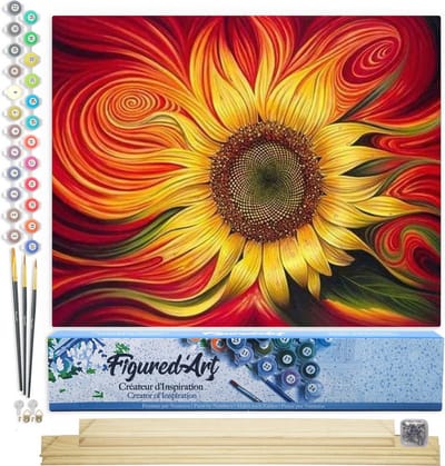 Figured'Art Schilderen op Nummer Volwassenen canvas Rode Zonnebloem - Handwerk acrylverf Kit DIY Compleet - 40x50cm met DIY houten lijst