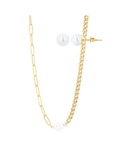 AKZENT Akzent Damen Schmuckset Edelathl Duo-Panzerkette (45+10 cm) & Perlen-Ohrstecker (8 mm)