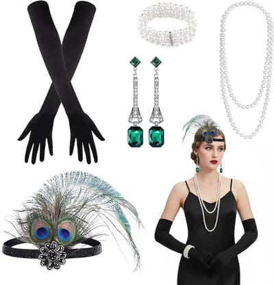 Flapper Kostuum Accessoire Set met Hoofdband, Handschoenen, Parelsieraden en Oorbellen in Zwart en Zilver voor 1920s Gatsby Themafeest
