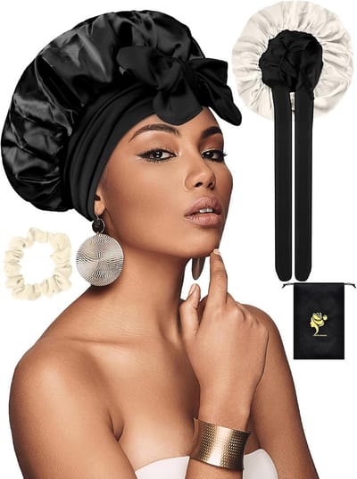 SUTIYO Satijnen bonnet om te slapen, dubbellaags zijden bonnet voor krullend en lang haar, verstelbare haarbonnet voor vrouwen en meisjes, bonnetten met haarband en opbergtas