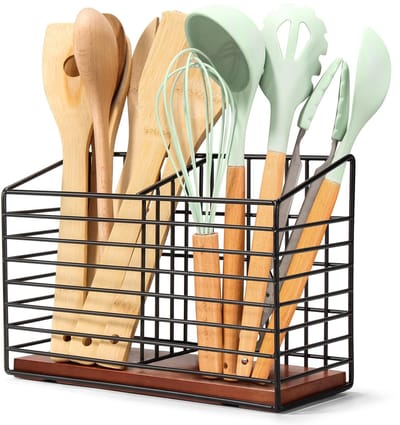 Cosensi- Keukenorganizer Groot - Keukenorganizer Aanrecht - Keukenorganizers Gootsteen - Keukenorganizer met Houten Basis - Antislip en Schokbestendig - Ruimte voor 25 Keukengerei - Keukenhouder