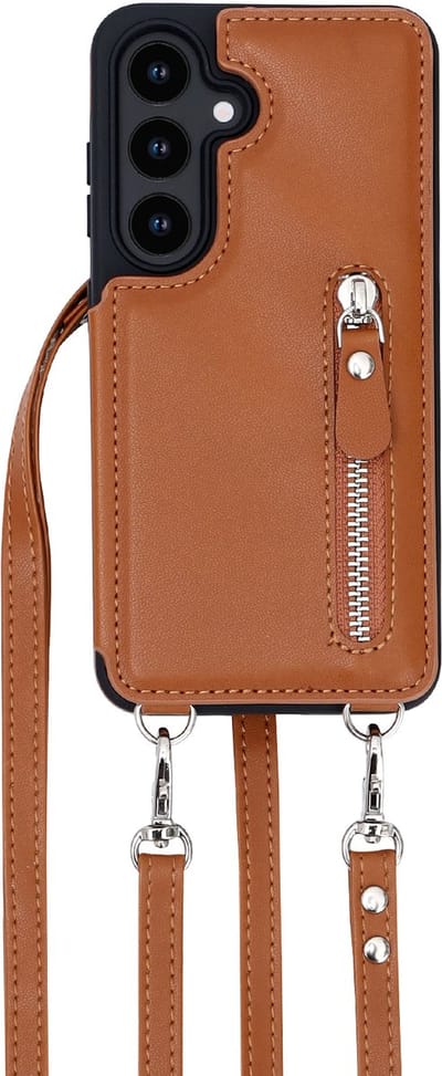 Casemania Hoesje Geschikt voor Samsung Galaxy S25 - Bruin - Luxe Back Cover met Koord & Rits - Wallet Case met Pasjeshouder - Lanyard Telefoonhoes - Cord Case