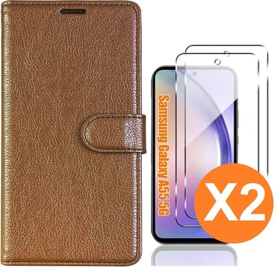 Hoesje geschikt voor Samsung Galaxy A55 5G hoesje bookcase Bruin - Met screenprotector tempered glass voor Galaxy A55 - 2x