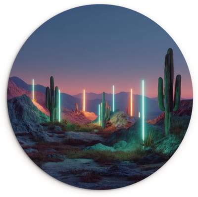 WallCircle® Wandcirkel 120x120 cm - Muurcirkel Cactus - Lichtzuilen - Zonsondergang - Muurdecoratie woonkamer - Wanddecoratie slaapkamer - Kamer decoratie accessoires - Ronde schilderijen XXL