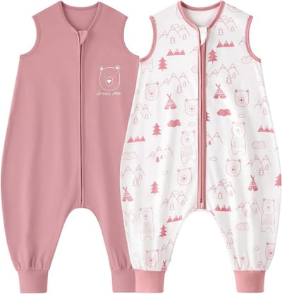 SnelShoppen - Set van 2 Baby Zomerslaapzakken met Voeten, 0,5 TOG, 100% Katoen, Babyslaapzak voor Kinderen van 3-4 Jaar, 90 cm, Roze Beer, Comfortabel