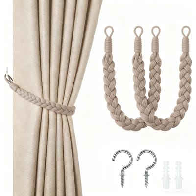 2-pack gordijnbanden - 60cm gordijnkoordgesp - handgeweven gordijnbanden - gedraaide gordijnbanden - met haken - geschikt voor thuis, kantoor, woonkamer, slaapkamer