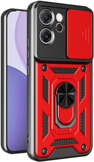 MobyDefend Hoesje - Geschikt voor Oppo Reno14 F / Oppo Reno14 FS - Pantsercase Met Draaibare Ring - Rood