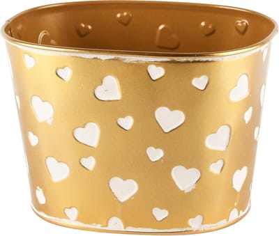 Dekoratief | Bloempot ovaal m/hartjes, goud/wit, metaal, 16x12x12cm | A245881