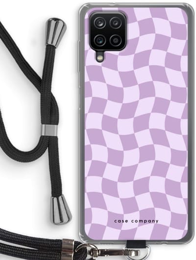 Case Company® - Hoesje met koord geschikt voor Samsung Galaxy A12 hoesje met Koord - Grid Paars - Telefoonhoesje met Zwart Koord - Bescherming aan alle Kanten en Over de Schermrand