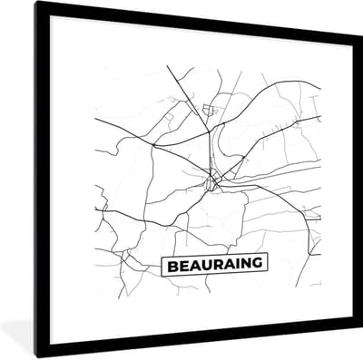 Fotolijst incl. Poster Zwart Wit- België – Beauraing – Stadskaart – Kaart – Zwart Wit – Plattegrond - 40x40 cm - Posterlijst