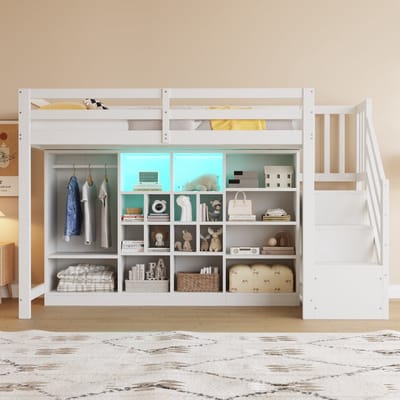 Hoogslaper 90 x 200 cm - met opbergkast en kledingkast - met LED-verlichting - wit - zonder matras