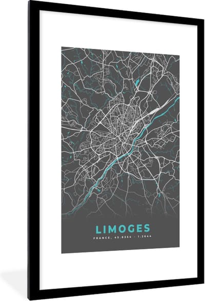 Fotolijst incl. Poster - Frankrijk - Plattegrond - Kaart - Stadskaart - Limoges - 80x120 cm - Posterlijst