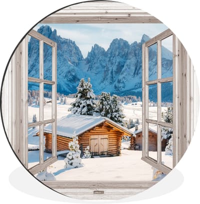 WallCircle - Wandcirkel - Muurcirkel - Winterlandschap - Huisje - Bergen - Uitzicht - Doorkijk - Natuur - Aluminium - Dibond - 140x140 cm - Binnen en Buiten