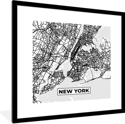 Fotolijst incl. Poster Zwart Wit- Stadskaart - Plattegrond - New York - Kaart - Zwart Wit - 40x40 cm - Posterlijst