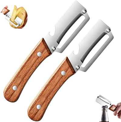 groenteschiller, 2 stuks, groenteschiller met geïntegreerde flesopener, aardappeldunschiller, roestvrij staal, houten handvat, ultra-scherp lemmet, professionele keuken (A)
