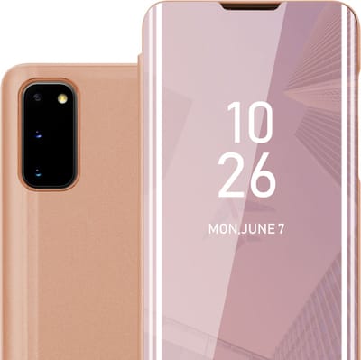 Cadorabo Hoesje geschikt voor Samsung Galaxy S20 in KUNZIET ROZE - Clear View Spiegel Beschermende Case met Tribunefunctie 360 Graden Bescherming Book Case Cover Etui