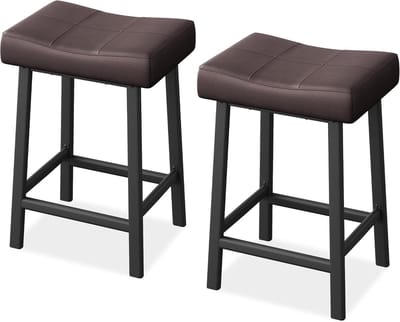 Moderne zadelbarkrukken set van 2 stuks – 61 cm aanrechthoogte, zonder rugleuning, bekleed met kunstleer, metalen potten en voetsteun, eenvoudig te monteren voor keukeneiland en eetaanrecht