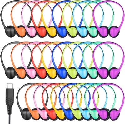USB C Hoofdtelefoon - Bedrade Oortjes - Klaslokaal Gebruik - Bulk 30 Stuks - On-Ear - Gemengde Kleuren