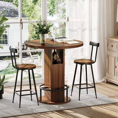 Bartafelset - 31.5 inch - Ronde Bartafelset met 2 Krukken en Metalen Ring Voetsteun - Eetkamer Café Bar Woonkamer - Hout Metaal - Walnoot
